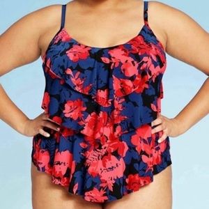 Aqua Green Blue Red Floral Tankini Top